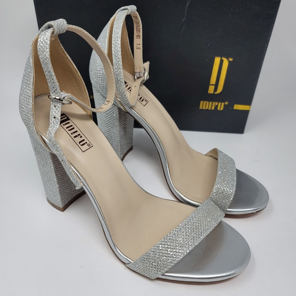 IDIFU Womens Pumps Size 7.5 Ankle Strap Heeled Silver Shoes